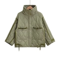 Y2K loose quilted jacket with stand collar and drawstring pockets in bean green - XS / Army Green