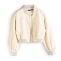 Chaqueta bomber corta crema Y2K con cremallera metálica y acabados de punto elástico - XS / Blanco