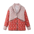 Detailed macro view of diamond-quilted pattern and floral contrast on red cotton jacket - XS / Red Patchwork Floral