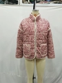 Floral quilted jacket for women with vintage red flower pattern and large white trim pockets - XS / Rainbow