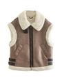 Faux shearling lined suede motorcycle vest in coffee brown with white fur collar trim - S / Coffee