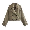 Detailweergave van olijfgroene double-breasted korte trenchcoat met zwarte knopen - S / Legergroen