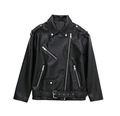 Detalle de chaqueta motera de cuero sintético negro con cremalleras y cinturón - XS / Negro