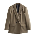 Dames Y2K khaki blazer met dubbele rij knopen, klassieke revers en handige klepzakken - XS / Theegroen