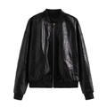 Dettaglio di bomber in pelle PU nera con zip argentata e colletto in maglia a coste - XS / Nero