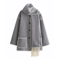 Detail of grey wool coat with white stitching, large pockets and matching scarf - XS / Gray