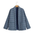 Detail view of ethnic geometric print jacket showing inner lining and size S neck label - S / Blue Geometric Style