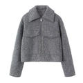 Detailansicht der dunkelgrauen Kurzjacke aus strukturiertem Wollstoff mit Metallreißverschluss - XS / Dunkelgrau