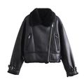 Detail of black faux leather biker jacket featuring thick shearling collar and zipper texture - XS / Black