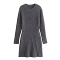 Detail of dark grey knit dress featuring vertical ribbed texture and a round neckline - One Size / Gray
