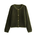Detail van donkergroen gebreid vest met gouden knopen en getextureerde boucle stof afwerking - S / Tops / Legergroen