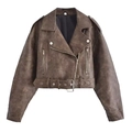 Giacca da motociclista marrone vintage Y2K in finta pelle con cintura in vita - XS / Marrone