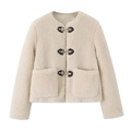 Beige faux fur fleece jacket with round neck and metal toggle buttons for women - XS / Cream