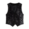 Dettaglio ravvicinato di un gilet nero con paillettes, scollo a V e superficie lucida - XS / Nero