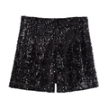 Detailansicht der hochdichten schwarzen Pailletten und Nähte an den A-Linien-Party-Shorts - S / Schwarz