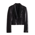 Dettaglio del blazer corto con paillettes nere, revers in raso e texture lucida - XS / Nero
