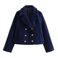 Navy blue double-breasted short wool coat with gold metal buttons and lapel collar - XS / Navy Blue