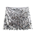 Detailansicht der silbernen Pailletten am Y2K-Minirock mit grauem Bund für Damen - XS / Silber