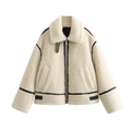 Détails de la veste en polaire crème avec bordures en similicuir noir et boucles en métal - XS / Milky blanc