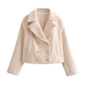 Close-up of beige short coat with double-breasted gold metal buttons and wide lapels - XS / Apricot