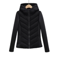 Detailed view of the black slim-fit hooded jacket featuring chevron quilted patterns - XS / Black