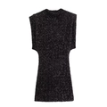 Dettaglio di un elegante abito nero di paillettes senza maniche con collo alto e spalline - XS / Nero