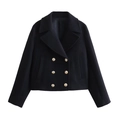 Detail view of double-breasted black short coat with luxury gold relief metal buttons - XS / Black