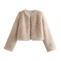 Y2K style cropped faux fur jacket in beige featuring a round neck and open front design - XS / Apricot