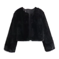 Short faux fur jacket for women in black, featuring a fluffy texture and Y2K cropped style - XS / Black