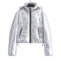 Short Y2K metallic silver hooded puffer jacket with black zipper and high collar - XS / Silver