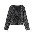 Schwarze Y2K Pailletten-Strickjacke mit langen Ärmeln und schwarzen Satinschleifen - S / Schwarz