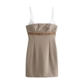 Close-up of the beige patchwork dress featuring a slim waist belt and white strap details - S / Khaki