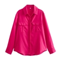 Detailed view of the bright rose pink long sleeve shirt with flap chest pockets - XS / Rose Red