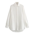 Détail de chemise blanche en satin à manches longues avec ourlet asymétrique brillant - XS / Blanc