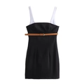 Detail of elegant black bodycon dress with white straps and slim brown leather belt - S / Black