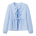 Detail view of light blue blouse with elegant bow tie closures and ruffled hemline - S / Light Blue