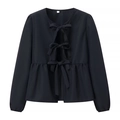 Detail of black peplum blouse with three front bow ties and elastic cuffs on a white background - S / Black