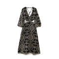 Detail of bohemian black dress showing V-neckline with intricate floral embroidery - S / Black