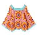 Pink oversized crochet knit sweater with colorful sunflower grandmother squares patterns - One Size / Colorful