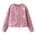 Veste matelassée pour femme avec imprimé floral, col rond et boutons marron vintage - S / Imprimé Fleuri Rose Violet