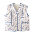 Detailed view of quilted cotton vest with blue floral print and symmetrical pockets - S / Blue and Purple Floral