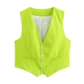 Detail of neon green waistcoat featuring deep V-neck and four white buttons closure - Neon Green
