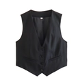 Détail d'un gilet noir à col en V montrant les boutons et l'étiquette de taille S - S / Noir