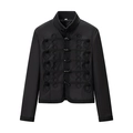 Veste noire pour femme à col montant avec détails tressés chinois et boutons olive - S / Hauts / Noir
