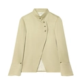 Elegant olive green high-neck blazer jacket with asymmetrical bronze button closure - XS / Light Grass Green