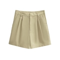 Khakifarbene High-Waist-Shorts für Damen mit Falten und Gürtelschlaufen für Sommer - XS / Plissee Shorts