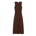 Brown sleeveless midi dress with smocked bodice and silky pleated skirt on white background - XS / Coffee
