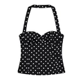 Top estilo corsé retro con cuello halter negro con lunares blancos y busto plisado - XS / Negro Lunares Blancos / Negro