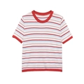 Vintage rainbow striped knit T-shirt with red ribbed trim and short sleeves on white background - S