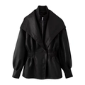 Women's elegant black PU leather jacket with chic double collar and waist-cinching detail - S / Black